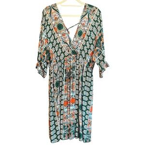 Boho Paisley V-Neck Midi Dress Green/Orange Size Medium ePretty Vibrant Pattern